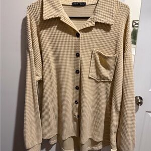 SHEIN Cream Waffle Knit Button-Up Top
